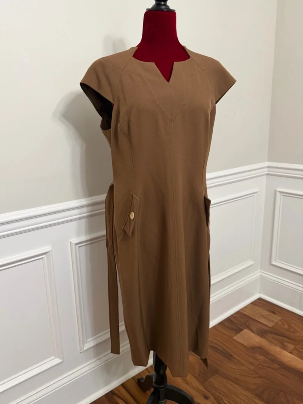 Kasper Classic Brown Belted Cap-Sleeve Dress - Picture 2 of 7